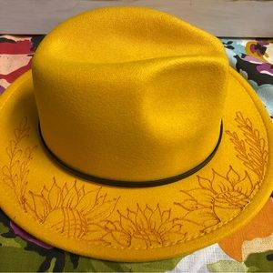 Free hand burned felt hat Mustard Yellow